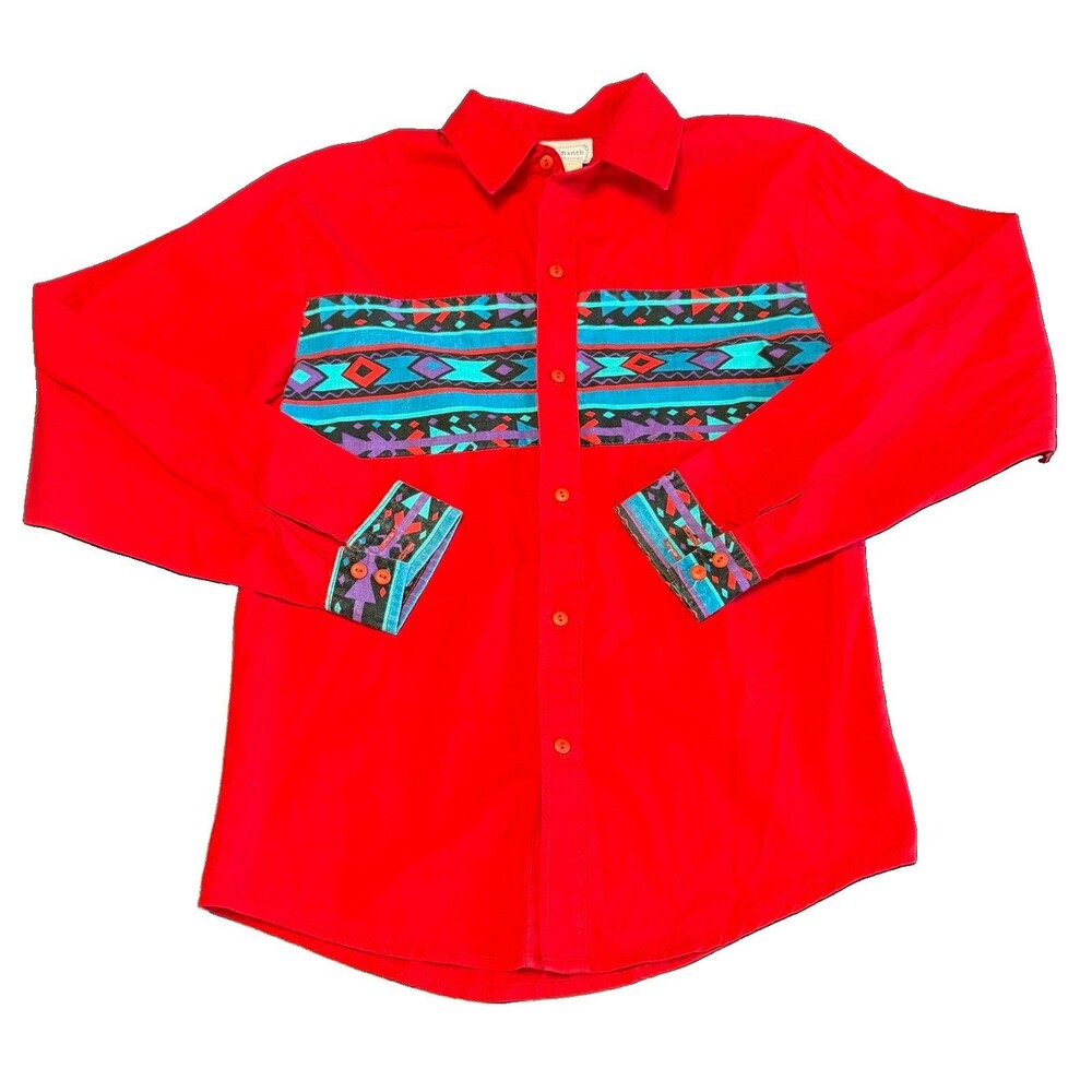 CBM Ranch Cactus Connection Boys XL Western Shirt Red Aztec Button-Up Vintage